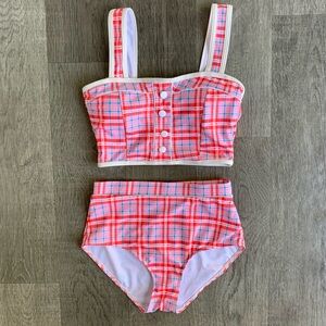 Bright Pink Plaid 50s Inspired Swimsuit Set